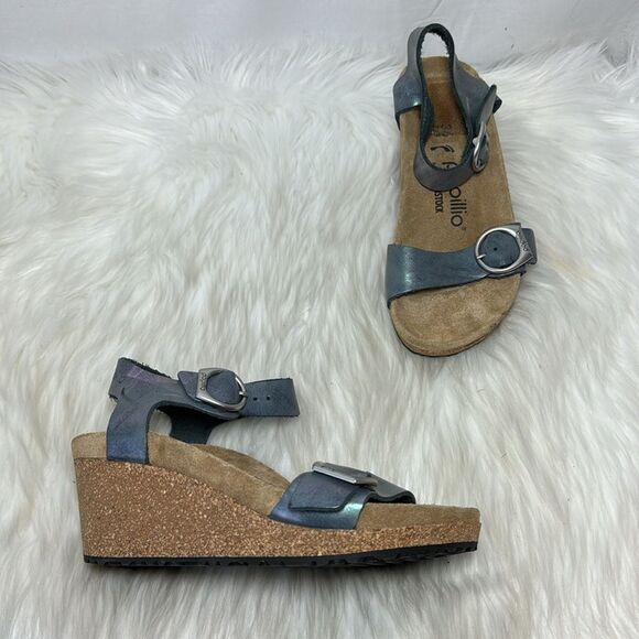 Papilio By Birkenstock Solely Metallic Blue Grey Nubuck Wedge Sandals Sz 36/US 5 - Picture 2 of 7